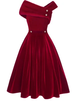 New Retro Stage 1950s Off Shoulder Fur Button Velvet Dress Red