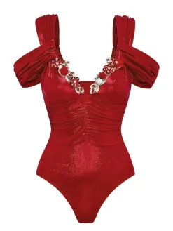 New Retro Stage 1950s Off-Shoulder 3D Floral One-Piece Swimsuit Red