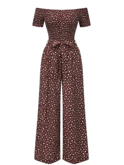 Fashion Retro Stage Red 1940s Off-Shoulder Ditsy Smocked Jumpsuit Fire Brick Red