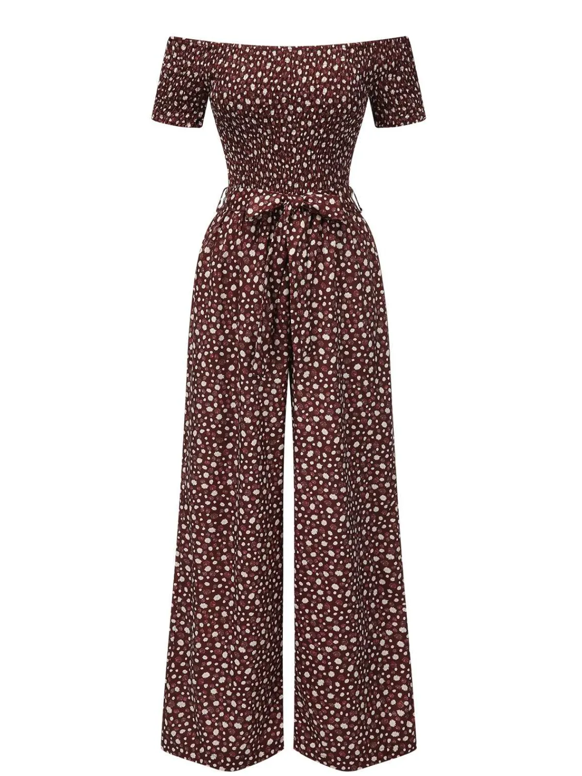 Fashion Retro Stage Red 1940s Off-Shoulder Ditsy Smocked Jumpsuit Fire Brick Red