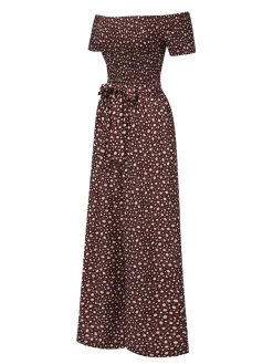 Fashion Retro Stage Red 1940s Off-Shoulder Ditsy Smocked Jumpsuit Fire Brick Red