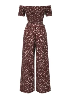 Fashion Retro Stage Red 1940s Off-Shoulder Ditsy Smocked Jumpsuit Fire Brick Red