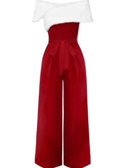Clearance Retro Stage Red 1960s Off-Shoulder Faux Fur Velvet Jumpsuit True Red