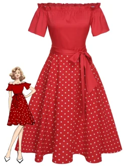 Hot Retro Stage 1950s Off-Shoulder Polka Dots Belted Dress Red