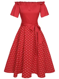 Hot Retro Stage 1950s Off-Shoulder Polka Dots Belted Dress Red