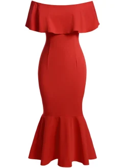 Online Retro Stage Red 1930s Off-Shoulder Ruffles Mermaid Dress True Red