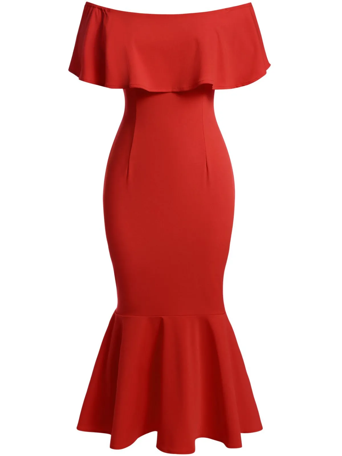 Online Retro Stage Red 1930s Off-Shoulder Ruffles Mermaid Dress True Red
