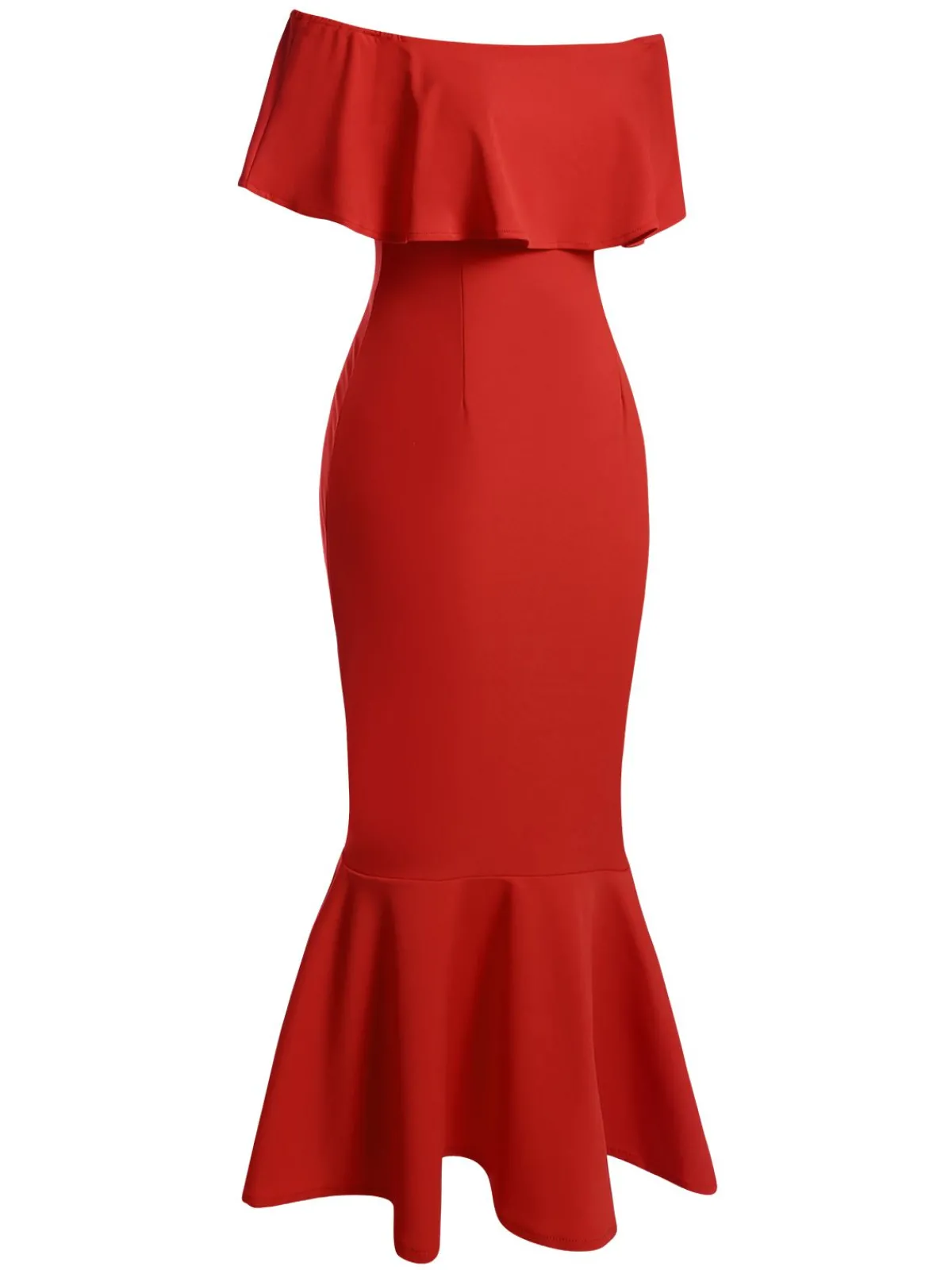 Online Retro Stage Red 1930s Off-Shoulder Ruffles Mermaid Dress True Red