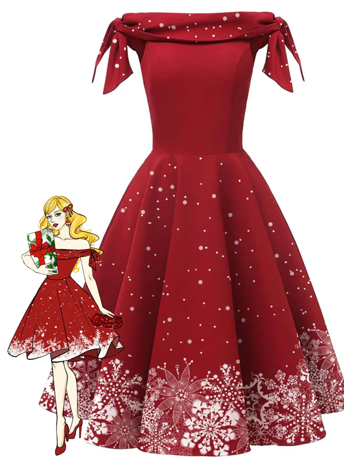 Sale Retro Stage Red 1950s Off-shoulder Snowflake Dress