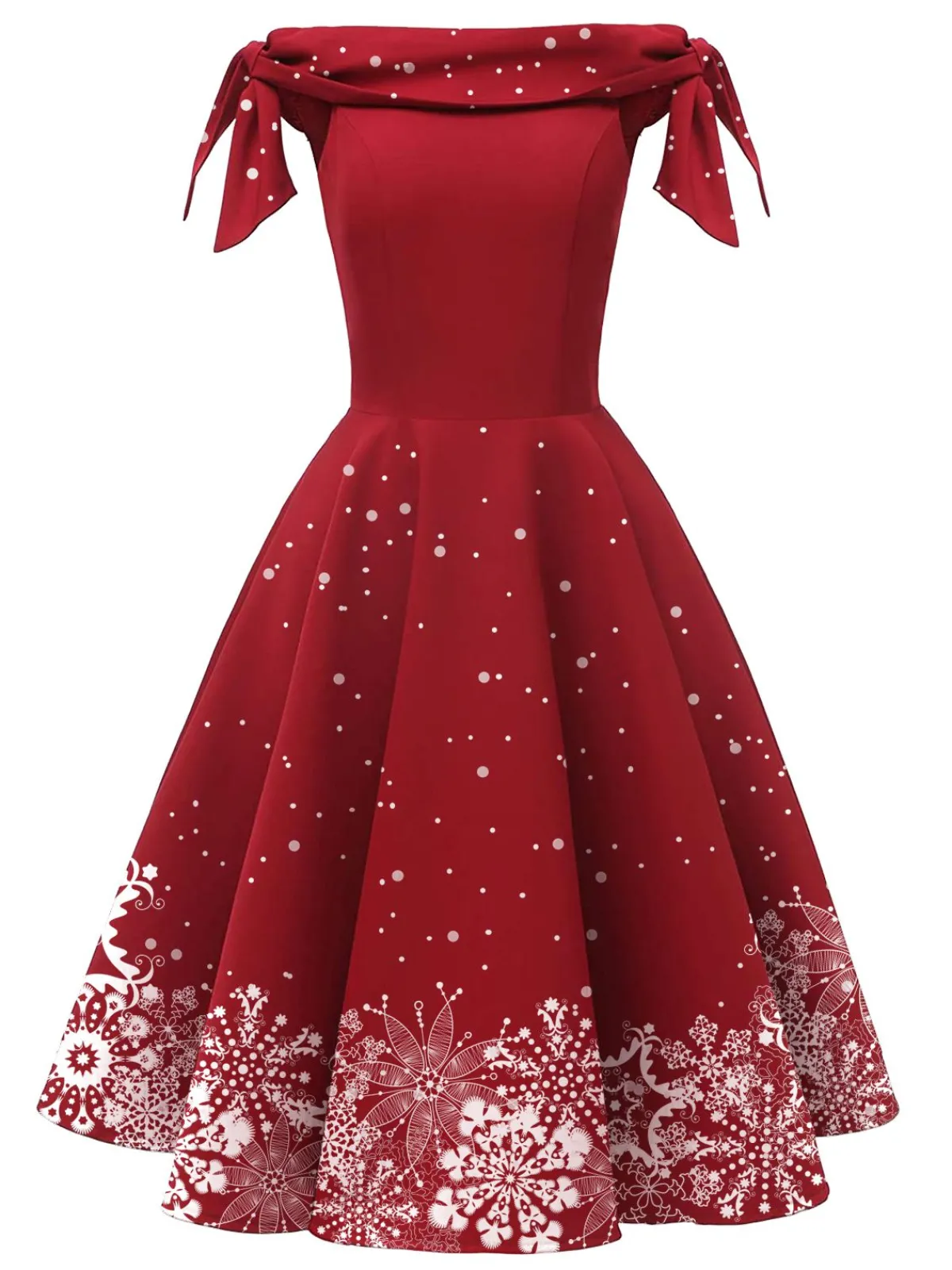 Sale Retro Stage Red 1950s Off-shoulder Snowflake Dress