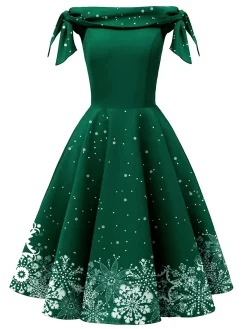 Sale Retro Stage Red 1950s Off-shoulder Snowflake Dress