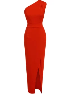 Fashion Retro Stage 1960s One Shoulder Slit Long Dress Red