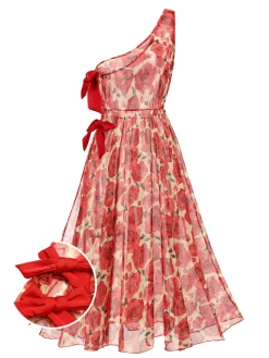 New Retro Stage 1960s One-Shoulder Roses Cover-Up Red