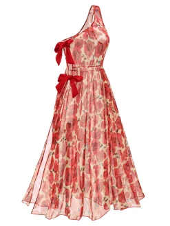 New Retro Stage 1960s One-Shoulder Roses Cover-Up Red
