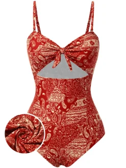 Online Retro Stage Red 1970s Paisley Hollow Spaghetti Straps Swimsuit Fire Brick Red