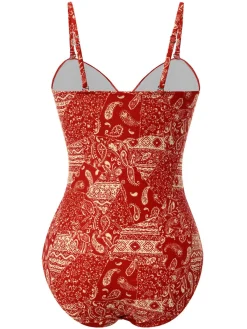 Online Retro Stage Red 1970s Paisley Hollow Spaghetti Straps Swimsuit Fire Brick Red