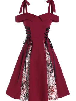 Best Retro Stage 1950s Patchwork Bowknot Lace-up Dress Red