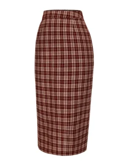 Best Retro Stage 1960s Plaid Back Slit Skirt Red
