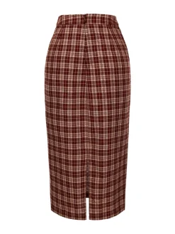 Best Retro Stage 1960s Plaid Back Slit Skirt Red