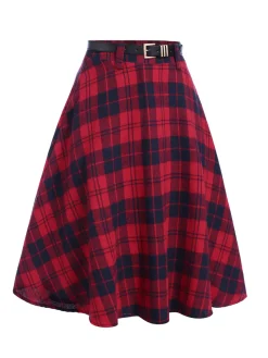 Online Retro Stage 1940s Plaid Belted A-Line Skirt Red