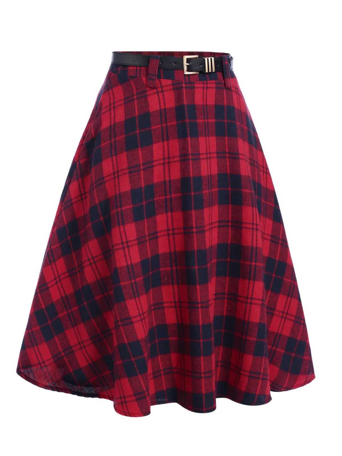 Online Retro Stage 1940s Plaid Belted A-Line Skirt Red