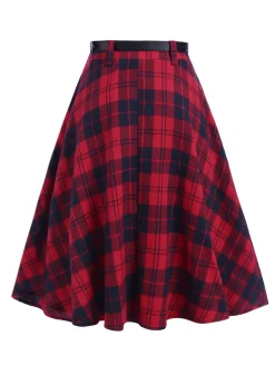 Online Retro Stage 1940s Plaid Belted A-Line Skirt Red