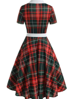 Online Retro Stage 1950s Plaid Bow Swing Dress Red