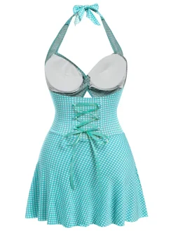 Fashion Retro Stage Red 1930s Plaid Halter One-Piece Swimsuit