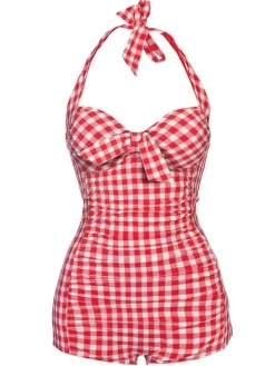Clearance Retro Stage 1950s Plaid Halter One-piece Swimsuit Red