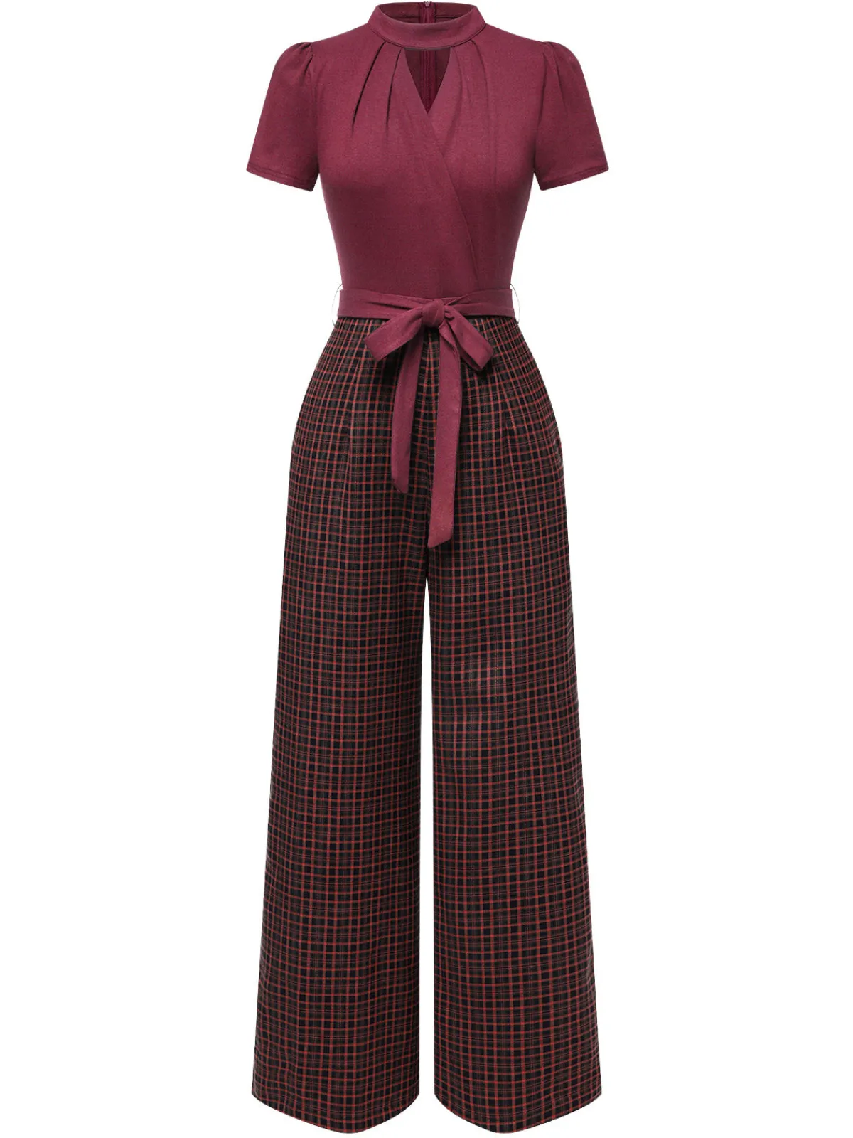 New Retro Stage Red 1930s Plaid Keyhole Neck Belted Jumpsuit