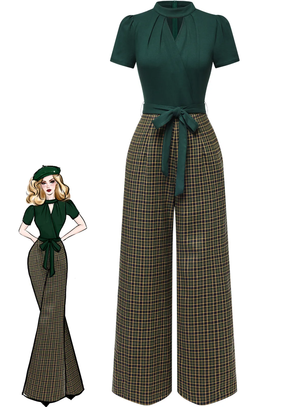 New Retro Stage Red 1930s Plaid Keyhole Neck Belted Jumpsuit