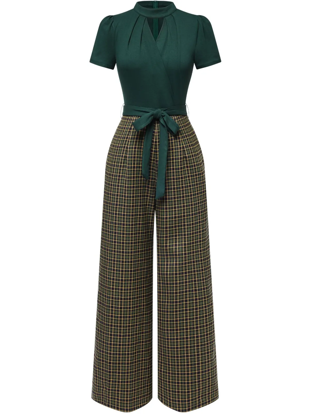 New Retro Stage Red 1930s Plaid Keyhole Neck Belted Jumpsuit
