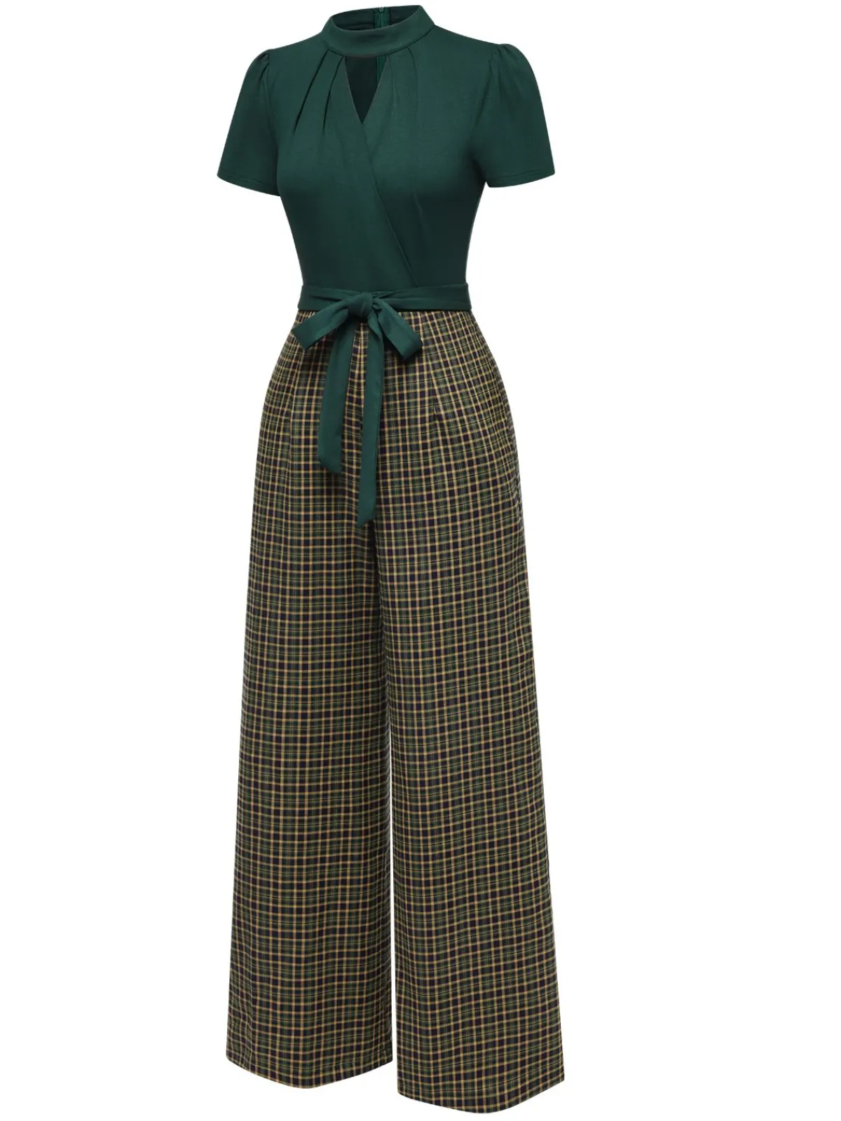 New Retro Stage Red 1930s Plaid Keyhole Neck Belted Jumpsuit