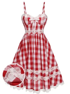 New Retro Stage 1950s Plaid Lace Bow Strap Dress Red