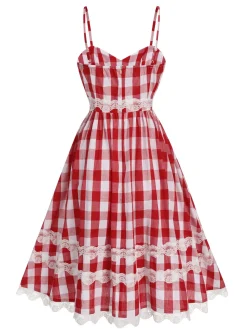 New Retro Stage 1950s Plaid Lace Bow Strap Dress Red