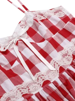 New Retro Stage 1950s Plaid Lace Bow Strap Dress Red