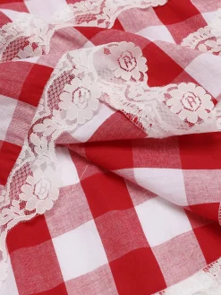 New Retro Stage 1950s Plaid Lace Bow Strap Dress Red