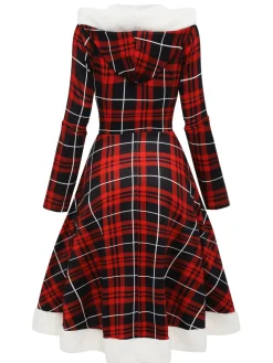 Hot Retro Stage 1950s Plaid Lace-up Hooded Dress Red