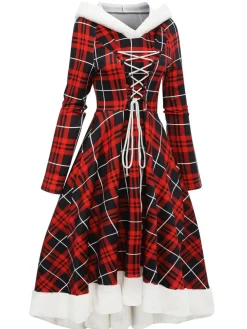 Hot Retro Stage 1950s Plaid Lace-up Hooded Dress Red