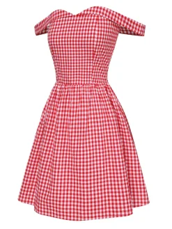 Best Retro Stage 1950s Plaid Off-Shoulder Swing Dress Red