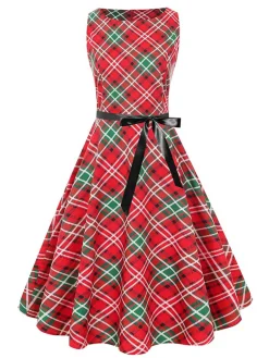 Sale Retro Stage 1950s Plaid Sleeveless Dress Red