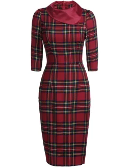 Sale Retro Stage 1960s Plaids Bodycon Dress Red