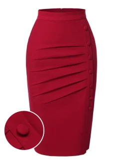 Clearance Retro Stage 1940s Pleated Button Pencil Skirt Red