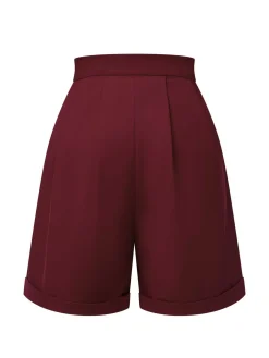Fashion Retro Stage 1950s Pleated Turn Over Shorts Red