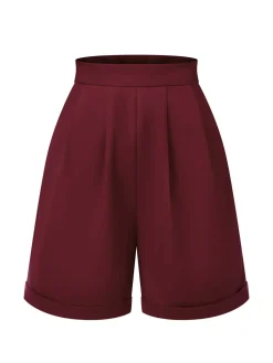 Fashion Retro Stage 1950s Pleated Turn Over Shorts Red