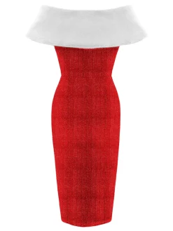 Fashion Retro Stage 1960s Plush Bow Pencil Dress With Cape Red
