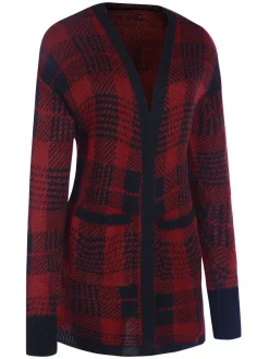 Sale Retro Stage 1950s Pockets Plaid Knitted Cardigan Red