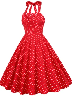 Clearance Retro Stage 1950s Polka Dot Halter Swing Dress Red