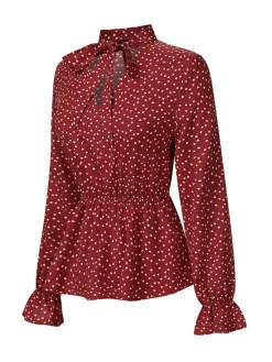 New Retro Stage 1940s Polka Dot Lace-Up Chiffon Blouse Red
