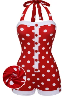 Hot Retro Stage 1950s Polka Dot Patchwork Halter Swimsuit Red